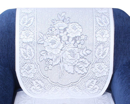 Bigger Fish Poly Cotton Net Fabric Floral Design 5 Seater Sofa Cover with 6 Pcs Arms Cover - 16 Pieces (White)