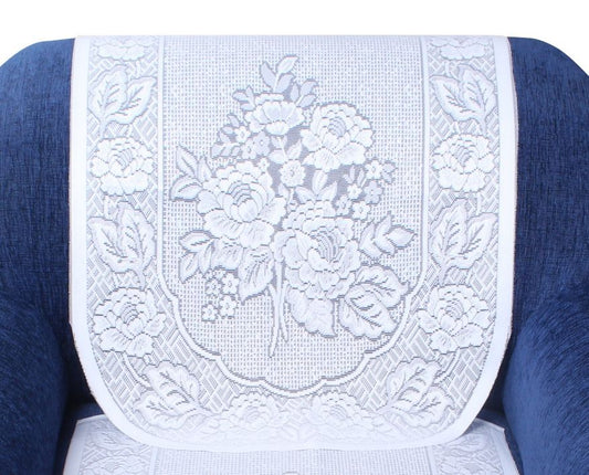 Bigger Fish Poly Cotton Net Fabric Floral Design 5 Seater Sofa Cover with 6 Pcs Arms Cover - 16 Pieces (White)