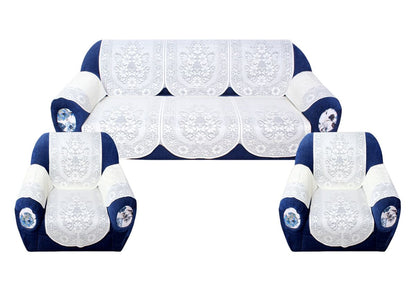 Bigger Fish Poly Cotton Net Fabric Floral Design 5 Seater Sofa Cover with 6 Pcs Arms Cover - 16 Pieces (Cream)