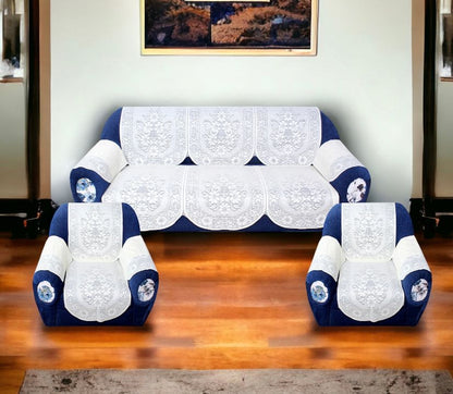 Bigger Fish Poly Cotton Net Fabric Floral Design 5 Seater Sofa Cover with 6 Pcs Arms Cover - 16 Pieces (Cream)