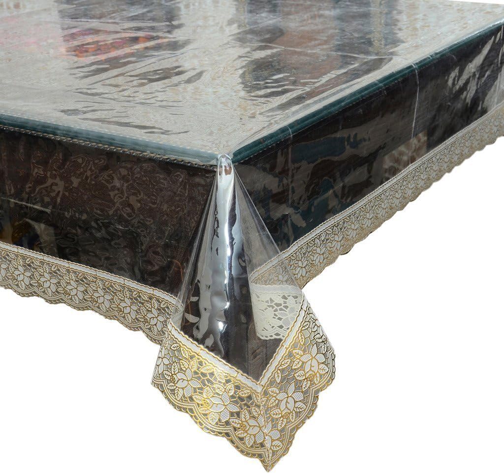 Bigger Fish Clear Golden Lace 8-10 Seater PVC Dining Table Cover (60x108 INCH)
