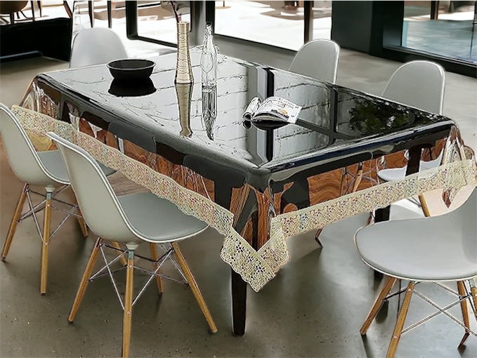 Bigger Fish Clear Golden Lace 8-10 Seater PVC Dining Table Cover (60x108 INCH)