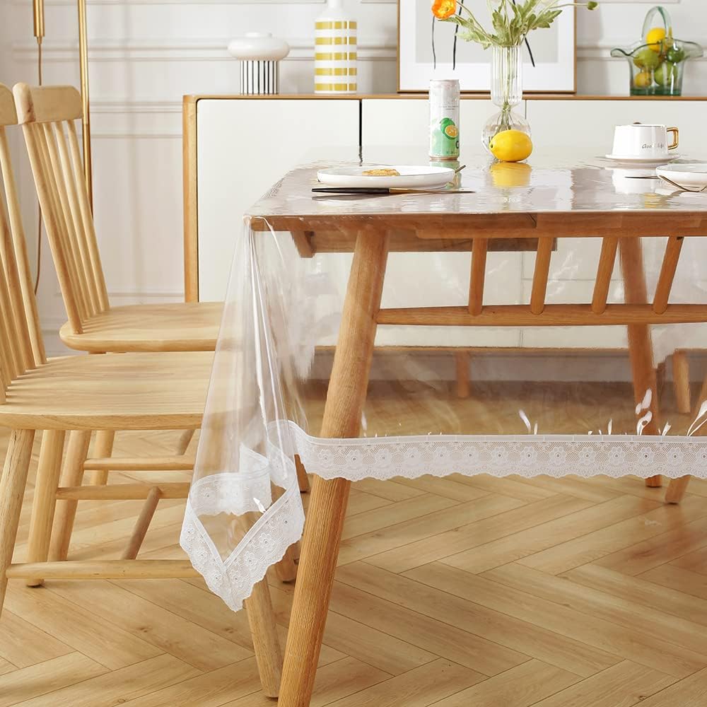 Bigger Fish Clear White Lace 8-10 Seater PVC Dining Table Cover (60x108 INCH)