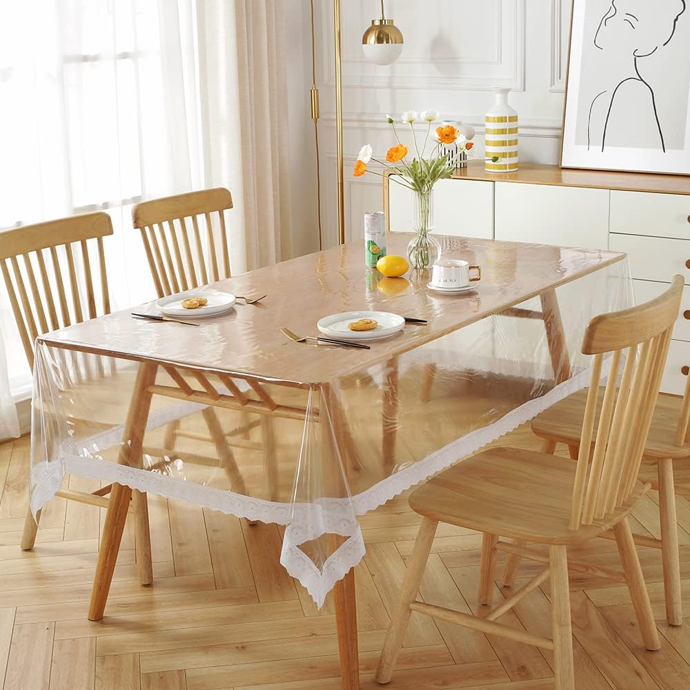 Bigger Fish Clear White Lace 8-10 Seater PVC Dining Table Cover (60x108 INCH)