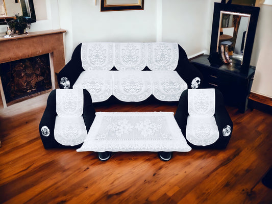 Bigger Fish Poly Cotton Net Fabric  5 Seater Sofa Cover 10 Pieces with 40x60 Center Table Cover Combo (White)