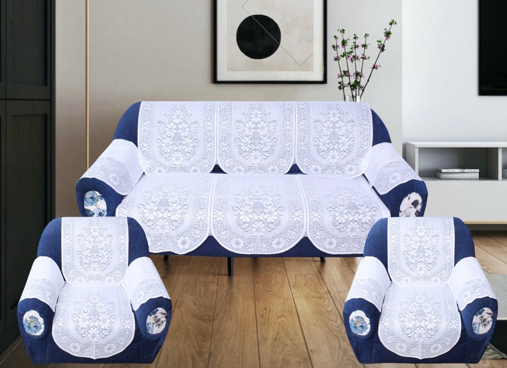 Bigger Fish Poly Cotton  5 Seater Sofa Cover With Arms cover  16 Pieces with 40x60 Center Table Cover Combo (White)