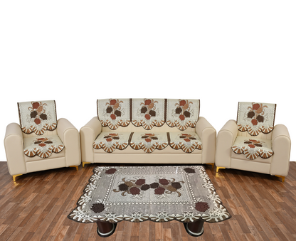 Bigger Fish Poly Cotton Net Fabric Floral 5 Seater Sofa Cover 10 Pieces with 40x60 Center Table Cover Combo (Brown)
