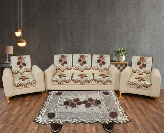 Bigger Fish Poly Cotton Net Fabric Floral 5 Seater Sofa Cover 10 Pieces with 40x60 Center Table Cover Combo (Brown)