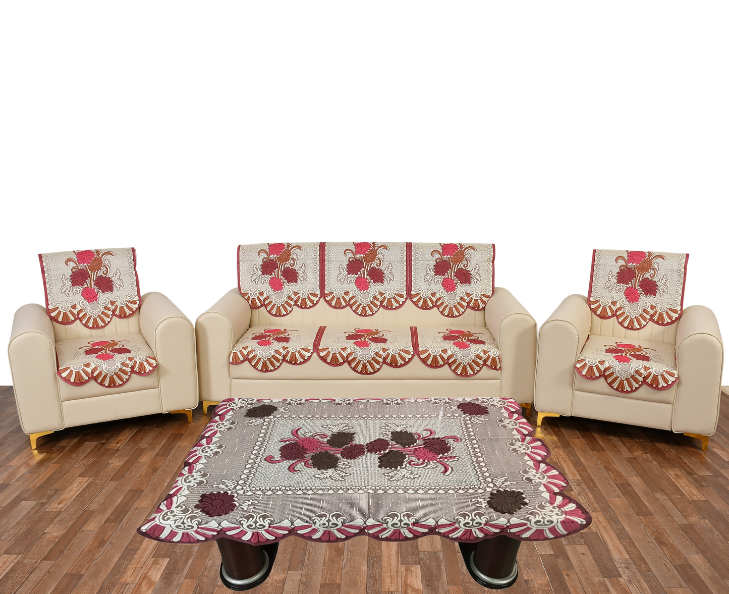 Bigger Fish Poly Cotton Net Fabric Floral 5 Seater Sofa Cover 10 Pieces with 40x60 Center Table Cover Combo (Maroon)