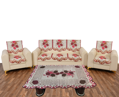 Bigger Fish Poly Cotton Net Fabric Floral 5 Seater Sofa Cover 10 Pieces with 40x60 Center Table Cover Combo (Maroon)