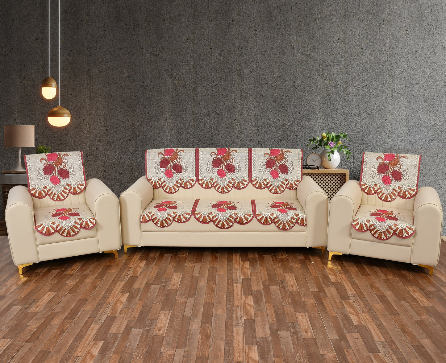 Bigger Fish Poly Cotton Net Fabric Floral 5 Seater Sofa Cover 10 Pieces with 40x60 Center Table Cover Combo (Maroon)