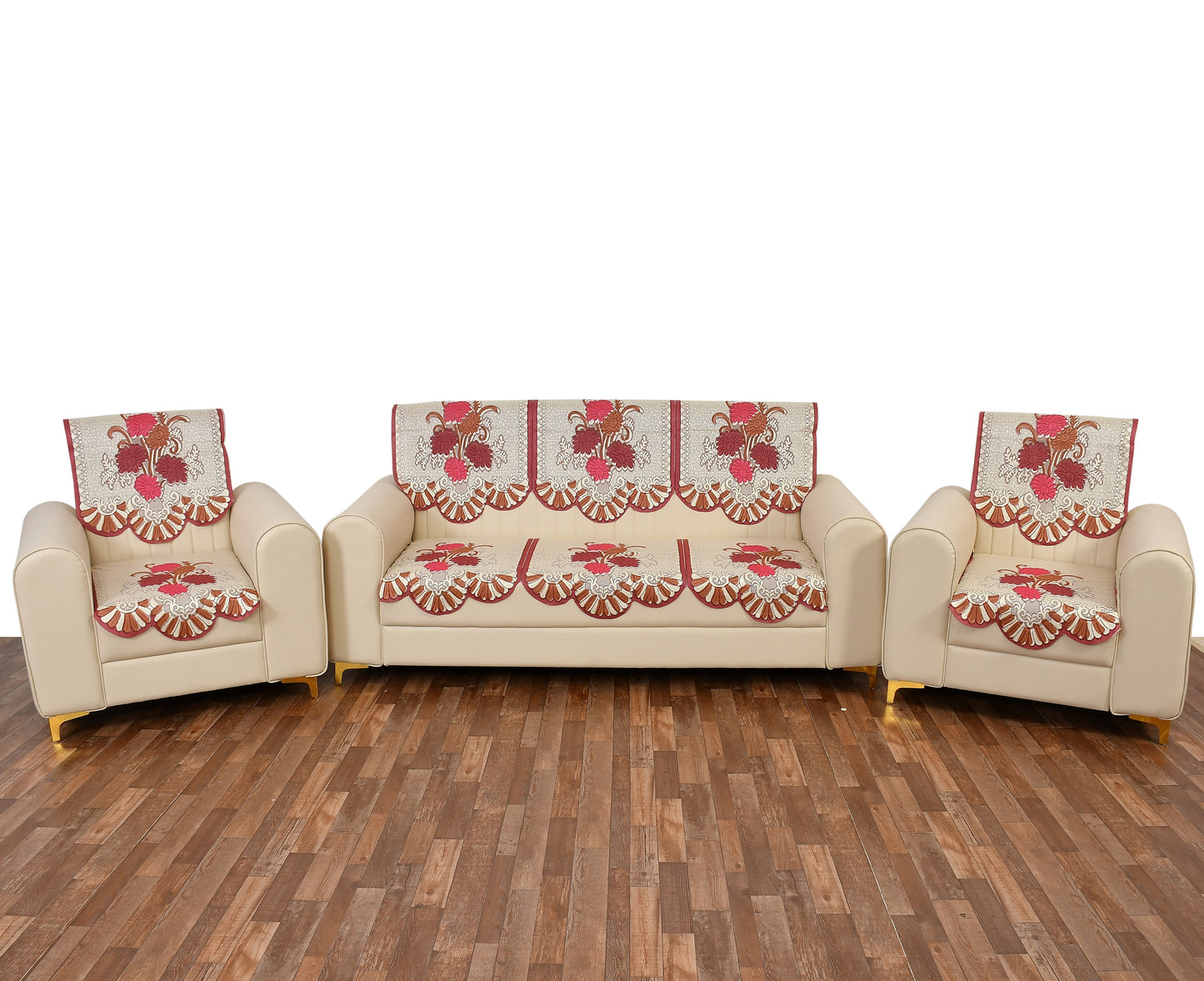 Bigger Fish Poly Cotton Net Fabric Floral 5 Seater Sofa Cover 10 Pieces with 40x60 Center Table Cover Combo (Maroon)