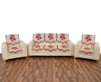 Bigger Fish Poly Cotton Net Fabric Floral 5 Seater Sofa Cover 10 Pieces with 40x60 Center Table Cover Combo (Maroon)
