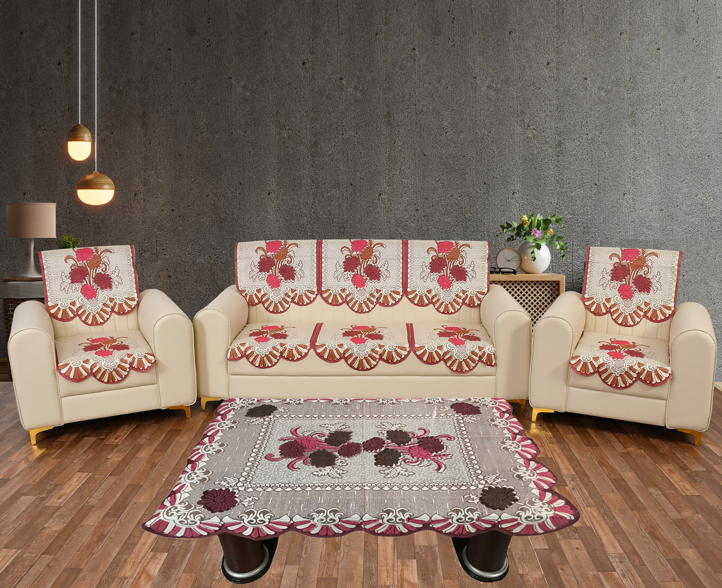 Bigger Fish Poly Cotton Net Fabric Floral 5 Seater Sofa Cover 10 Pieces with 40x60 Center Table Cover Combo (Maroon)