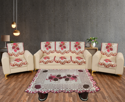 Bigger Fish Poly Cotton Net Fabric Floral 5 Seater Sofa Cover 10 Pieces with 40x60 Center Table Cover Combo (Maroon)