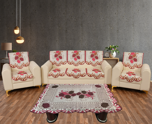 Bigger Fish Poly Cotton Net Fabric Floral 5 Seater Sofa Cover 10 Pieces with 40x60 Center Table Cover Combo (Maroon)