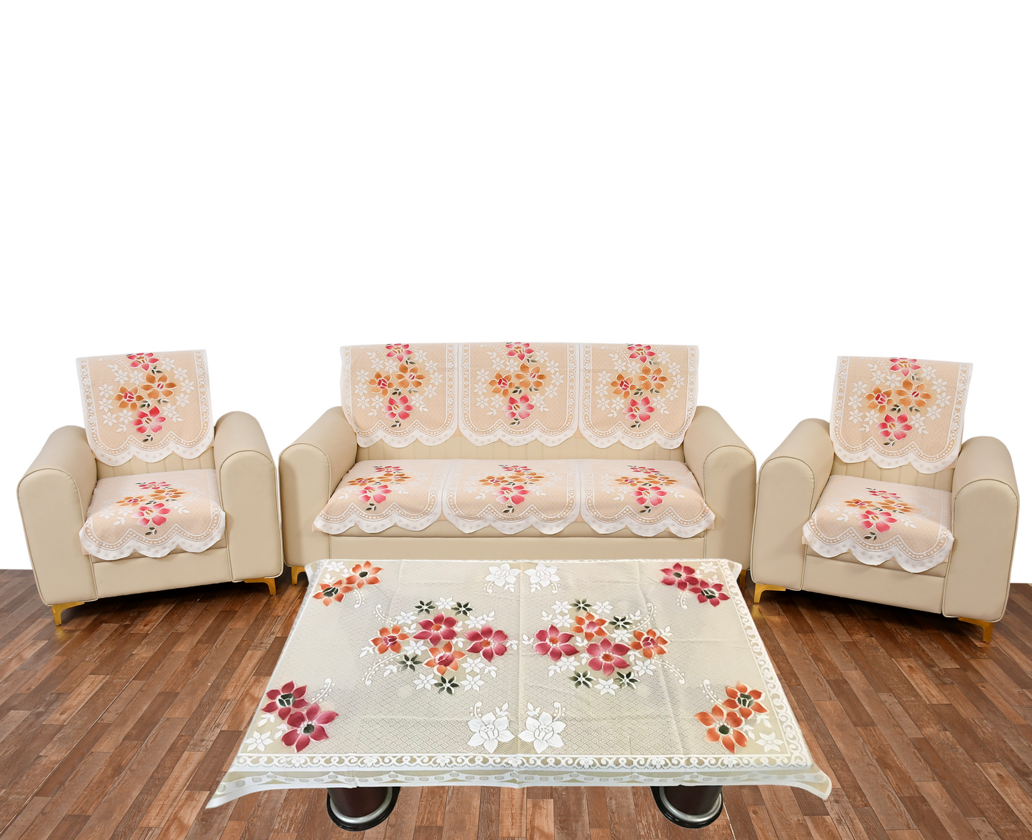 Bigger Fish Poly Cotton Net Fabric Floral 5 Seater Sofa Cover 10 Pieces with 40x60 Center Table Cover Combo (Cream)
