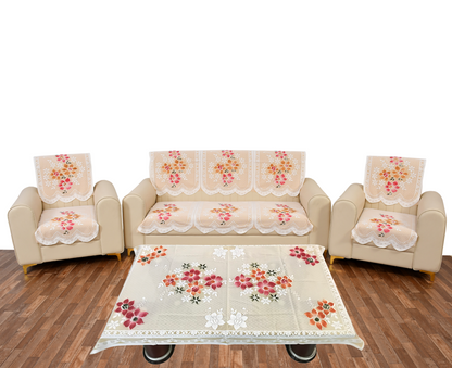 Bigger Fish Poly Cotton Net Fabric Floral 5 Seater Sofa Cover 10 Pieces with 40x60 Center Table Cover Combo (Cream)