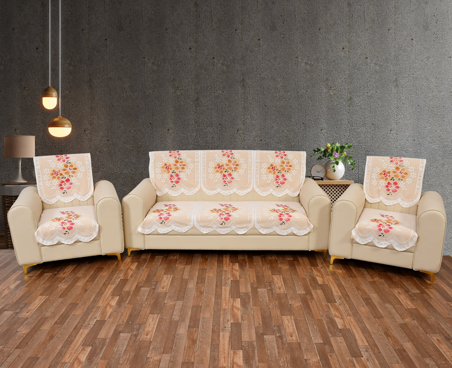 Bigger Fish Poly Cotton Net Fabric Floral 5 Seater Sofa Cover 10 Pieces with 40x60 Center Table Cover Combo (Cream)