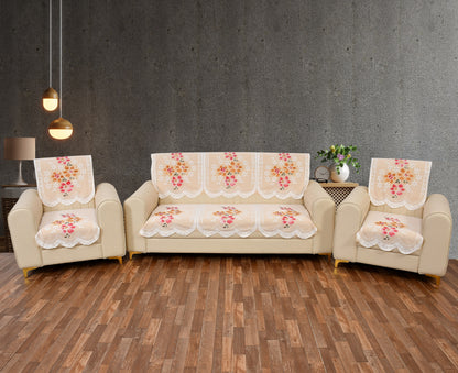 Bigger Fish Poly Cotton Net Fabric Floral 5 Seater Sofa Cover 10 Pieces with 40x60 Center Table Cover Combo (Cream)