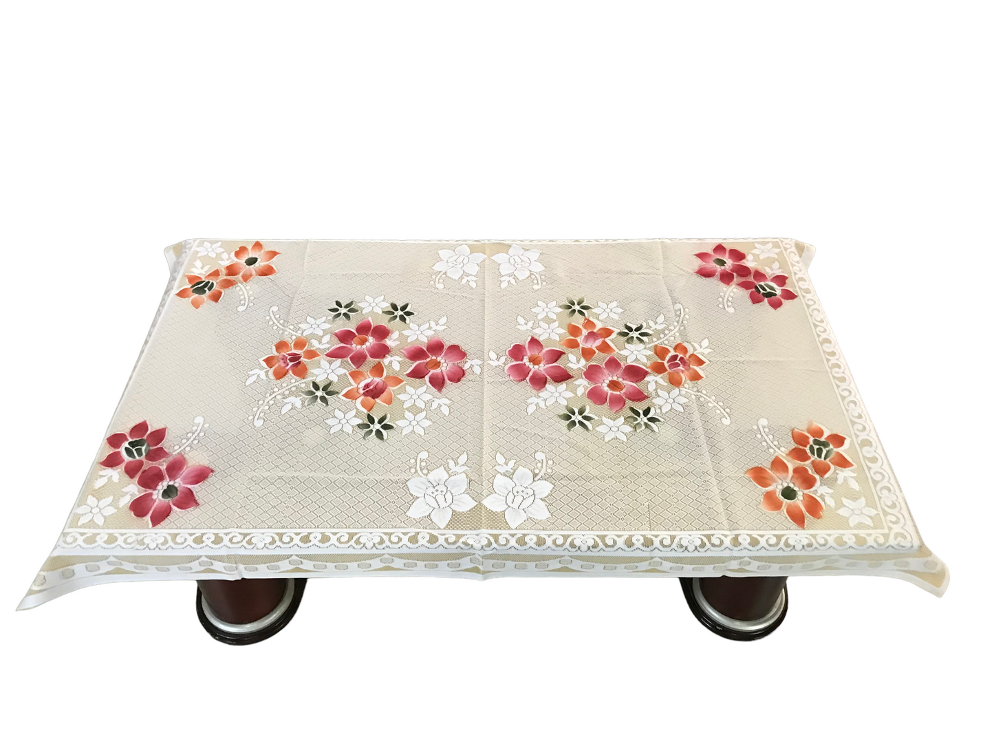 Bigger Fish Poly Cotton Net Fabric Floral 5 Seater Sofa Cover 10 Pieces with 40x60 Center Table Cover Combo (Cream)