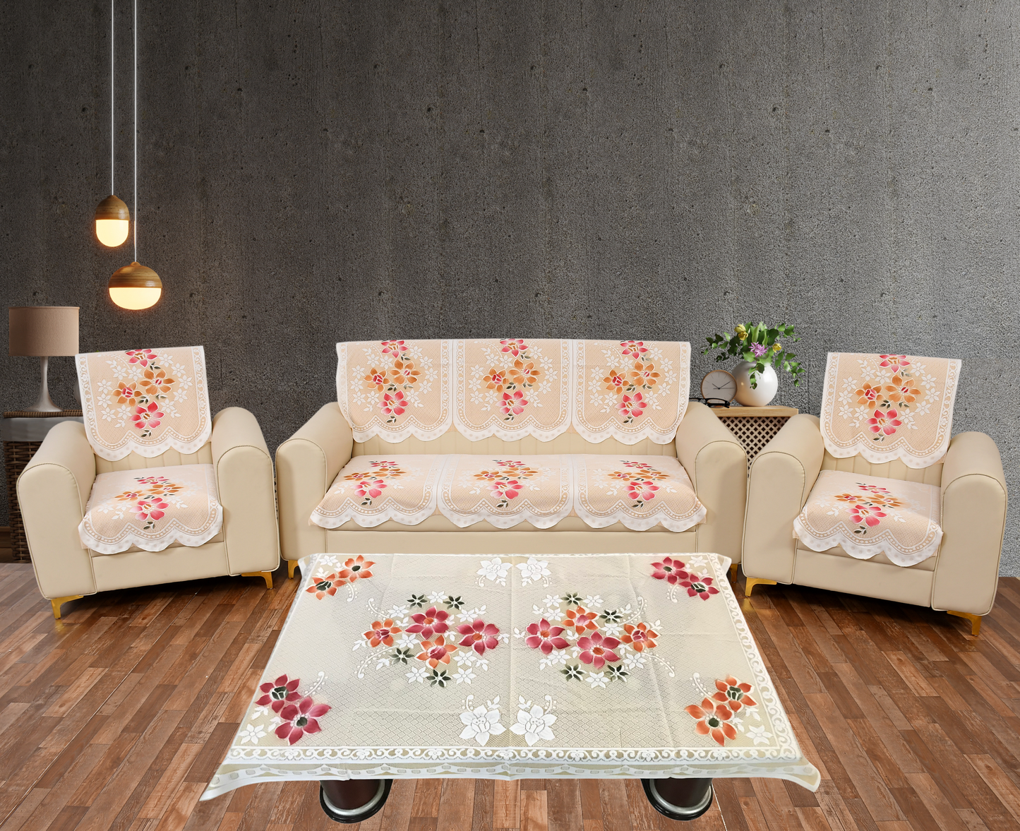Bigger Fish Poly Cotton Net Fabric Floral 5 Seater Sofa Cover 10 Pieces with 40x60 Center Table Cover Combo (Cream)