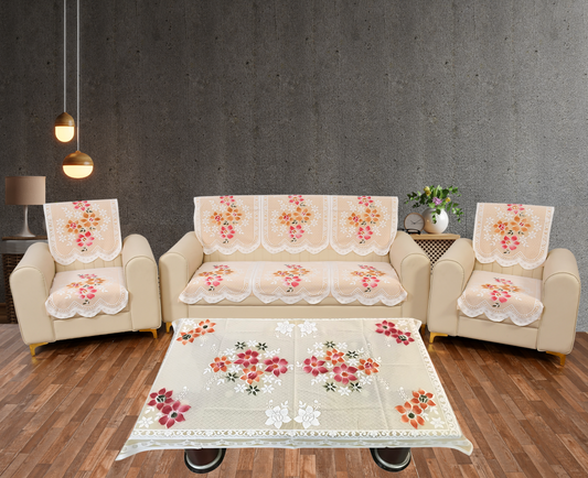 Bigger Fish Poly Cotton Net Fabric Floral 5 Seater Sofa Cover 10 Pieces with 40x60 Center Table Cover Combo (Cream)