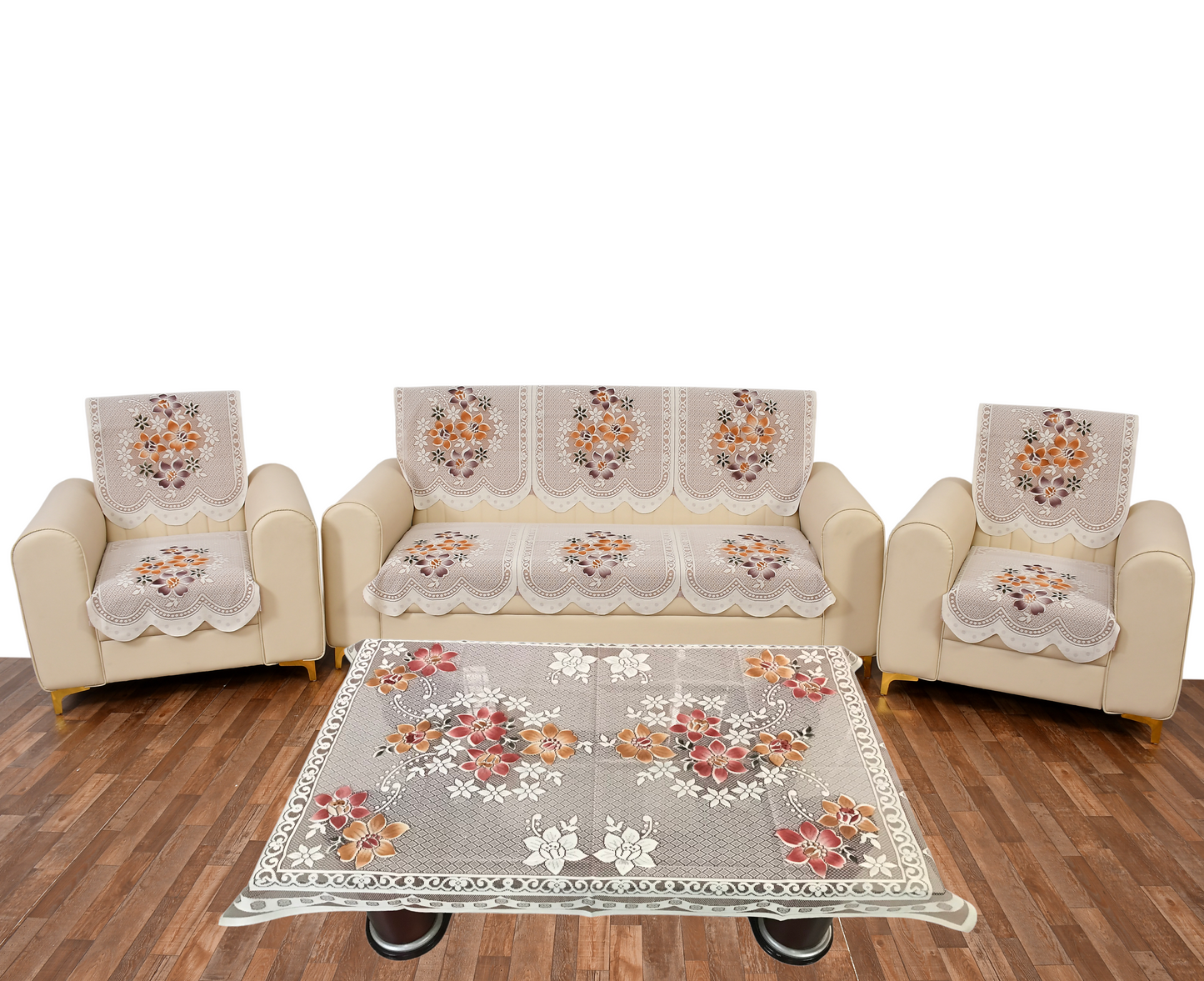 Bigger Fish Poly Cotton Net Fabric Floral 5 Seater Sofa Cover 10 Pieces with 40x60 Center Table Cover Combo (Rust)