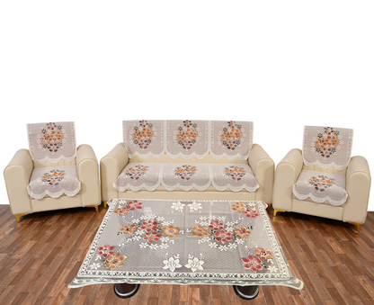 Bigger Fish Poly Cotton Net Fabric Floral 5 Seater Sofa Cover 10 Pieces with 40x60 Center Table Cover Combo (Rust)