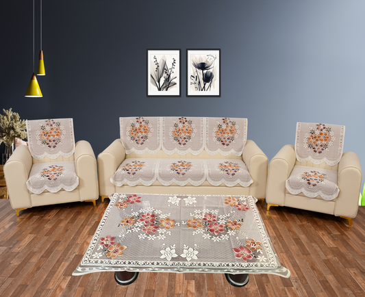 Bigger Fish Poly Cotton Net Fabric Floral 5 Seater Sofa Cover 10 Pieces with 40x60 Center Table Cover Combo (Rust)