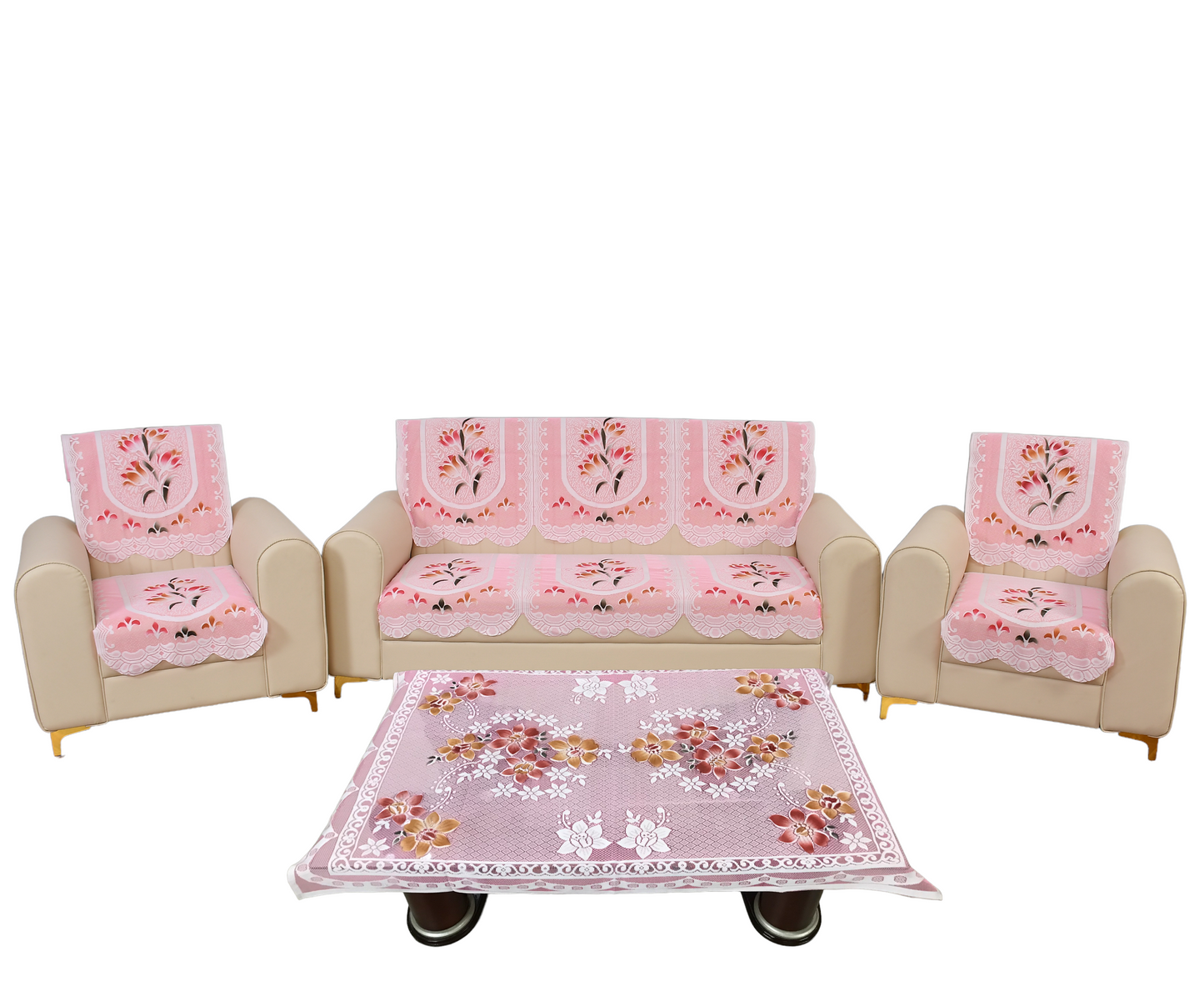 Bigger Fish Poly Cotton Net Fabric Floral 5 Seater Sofa Cover 10 Pieces with 40x60 Center Table Cover Combo (Pink)
