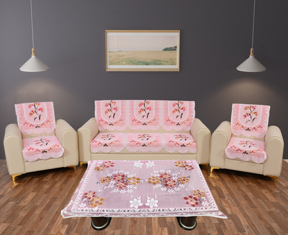 Bigger Fish Poly Cotton Net Fabric Floral 5 Seater Sofa Cover 10 Pieces with 40x60 Center Table Cover Combo (Pink)