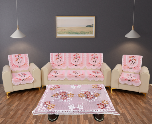 Bigger Fish Poly Cotton Net Fabric Floral 5 Seater Sofa Cover 10 Pieces with 40x60 Center Table Cover Combo (Pink)