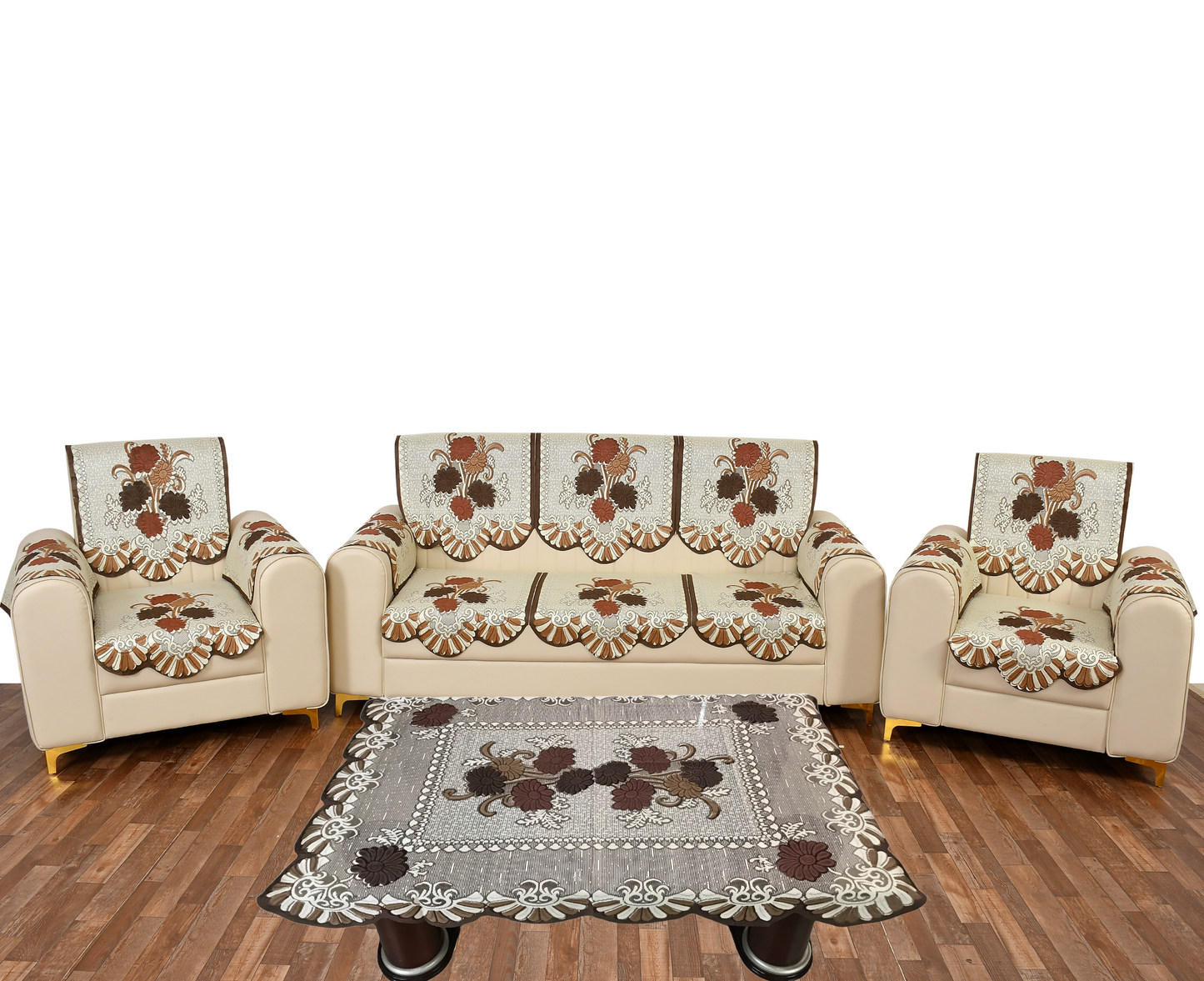 Bigger Fish Poly Cotton Net Fabric  5 Seater Sofa Cover With Arms Cover 16 Pieces with 40x60 Center Table Cover Combo (Brown)