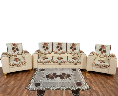Bigger Fish Poly Cotton Net Fabric  5 Seater Sofa Cover With Arms Cover 16 Pieces with 40x60 Center Table Cover Combo (Brown)