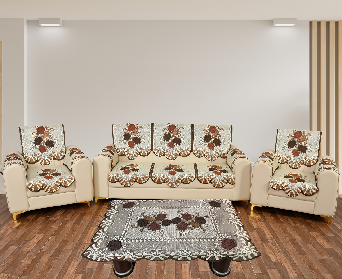Bigger Fish Poly Cotton Net Fabric  5 Seater Sofa Cover With Arms Cover 16 Pieces with 40x60 Center Table Cover Combo (Brown)