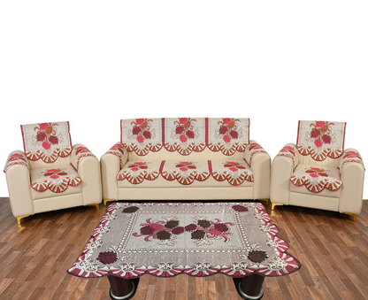 Bigger Fish Poly Cotton Net Fabric  5 Seater Sofa Cover With Arms Cover 16 Pieces with 40x60 Center Table Cover Combo (Maroon)