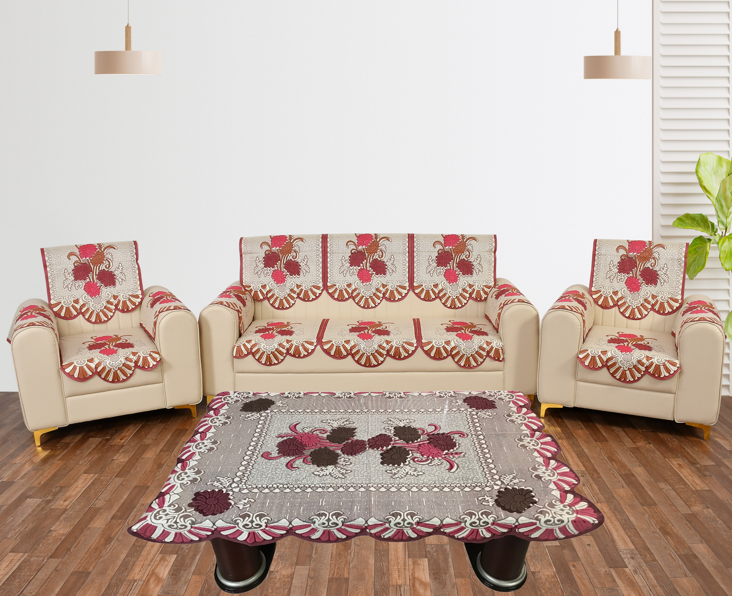 Bigger Fish Poly Cotton Net Fabric  5 Seater Sofa Cover With Arms Cover 16 Pieces with 40x60 Center Table Cover Combo (Maroon)