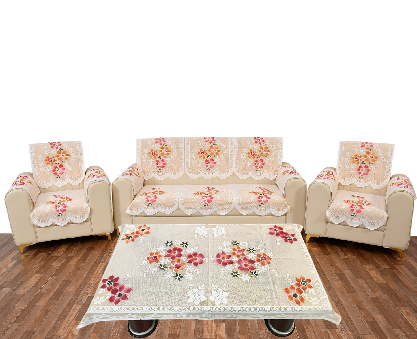 Bigger Fish Poly Cotton Net Fabric  5 Seater Sofa Cover With Arms Cover 16 Pieces with 40x60 Center Table Cover Combo (Cream)