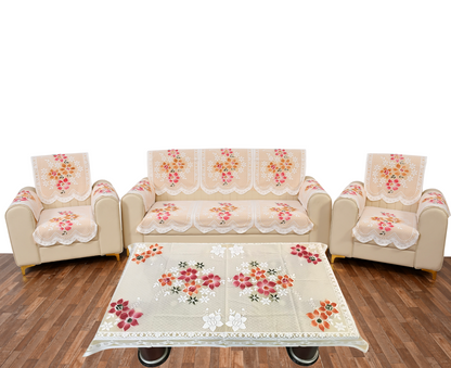 Bigger Fish Poly Cotton Net Fabric  5 Seater Sofa Cover With Arms Cover 16 Pieces with 40x60 Center Table Cover Combo (Cream)