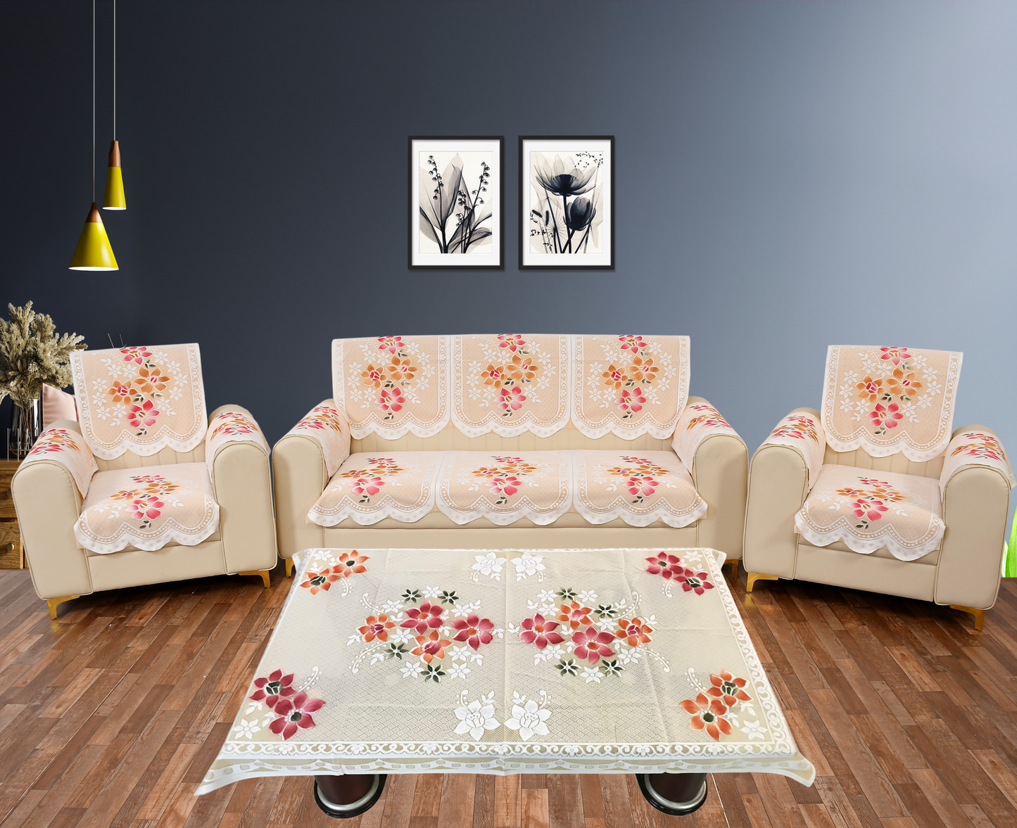 Bigger Fish Poly Cotton Net Fabric  5 Seater Sofa Cover With Arms Cover 16 Pieces with 40x60 Center Table Cover Combo (Cream)