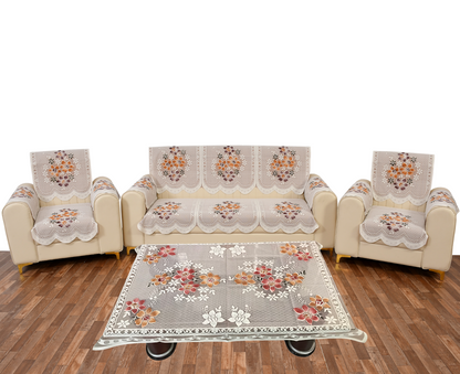 Bigger Fish Poly Cotton Net Fabric  5 Seater Sofa Cover With Arms Cover 16 Pieces with 40x60 Center Table Cover Combo (Rust)