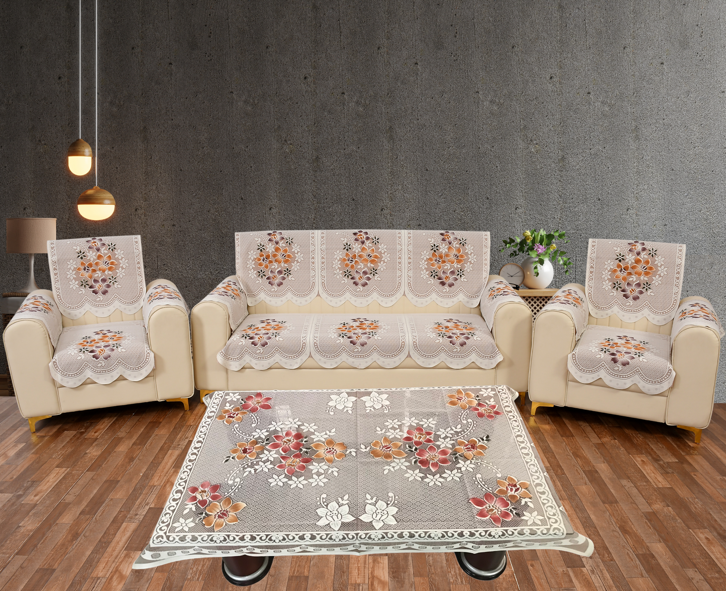 Bigger Fish Poly Cotton Net Fabric  5 Seater Sofa Cover With Arms Cover 16 Pieces with 40x60 Center Table Cover Combo (Rust)