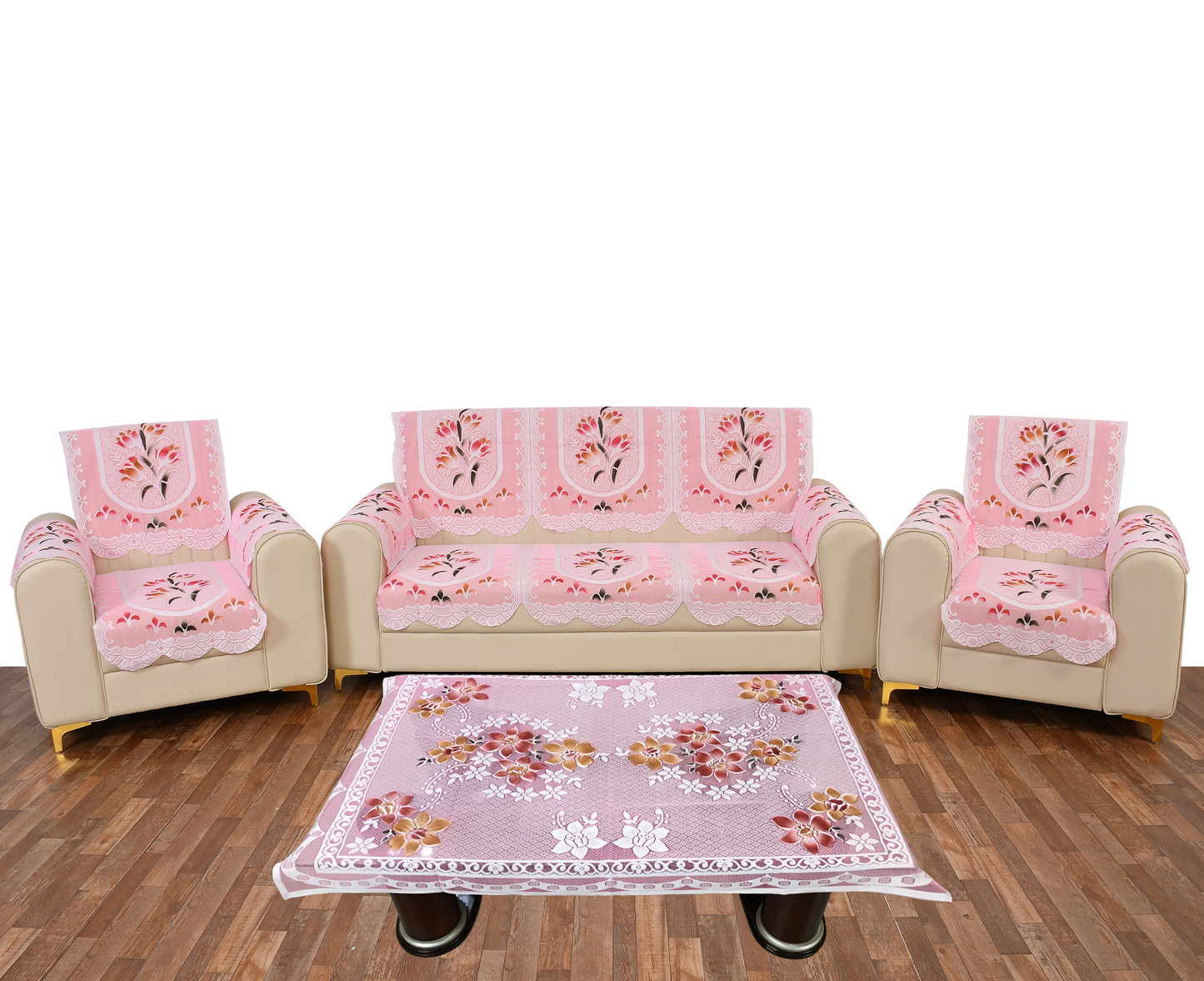 Bigger Fish Poly Cotton Net Fabric Floral 5 Seater Sofa Cover With Arms Cover 16 Pieces with 40x60 Center Table Cover Combo (Pink)
