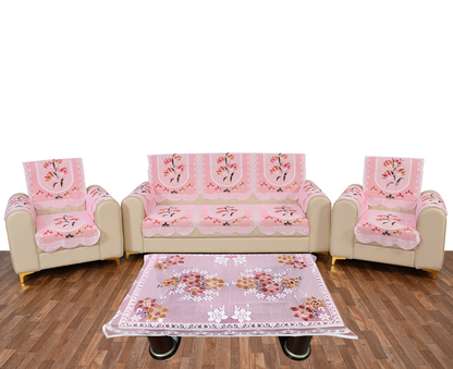Bigger Fish Poly Cotton Net Fabric Floral 5 Seater Sofa Cover With Arms Cover 16 Pieces with 40x60 Center Table Cover Combo (Pink)