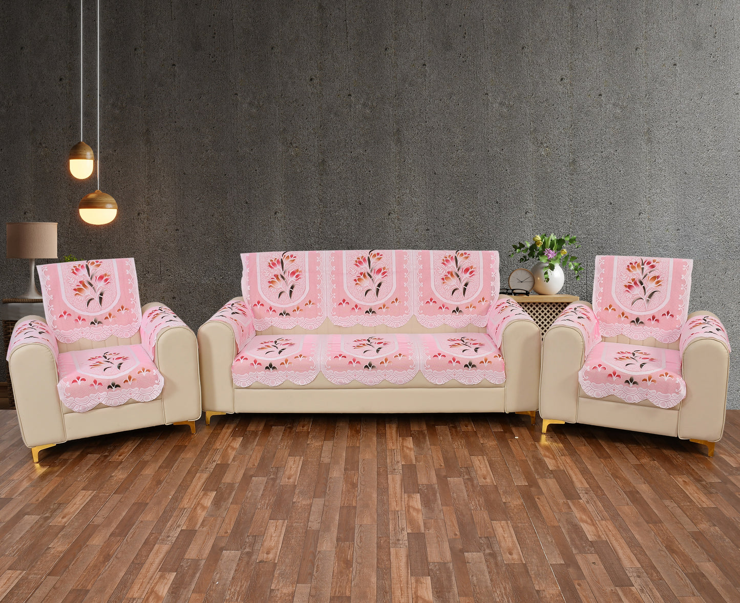 Bigger Fish Poly Cotton Net Fabric Floral 5 Seater Sofa Cover With Arms Cover 16 Pieces with 40x60 Center Table Cover Combo (Pink)