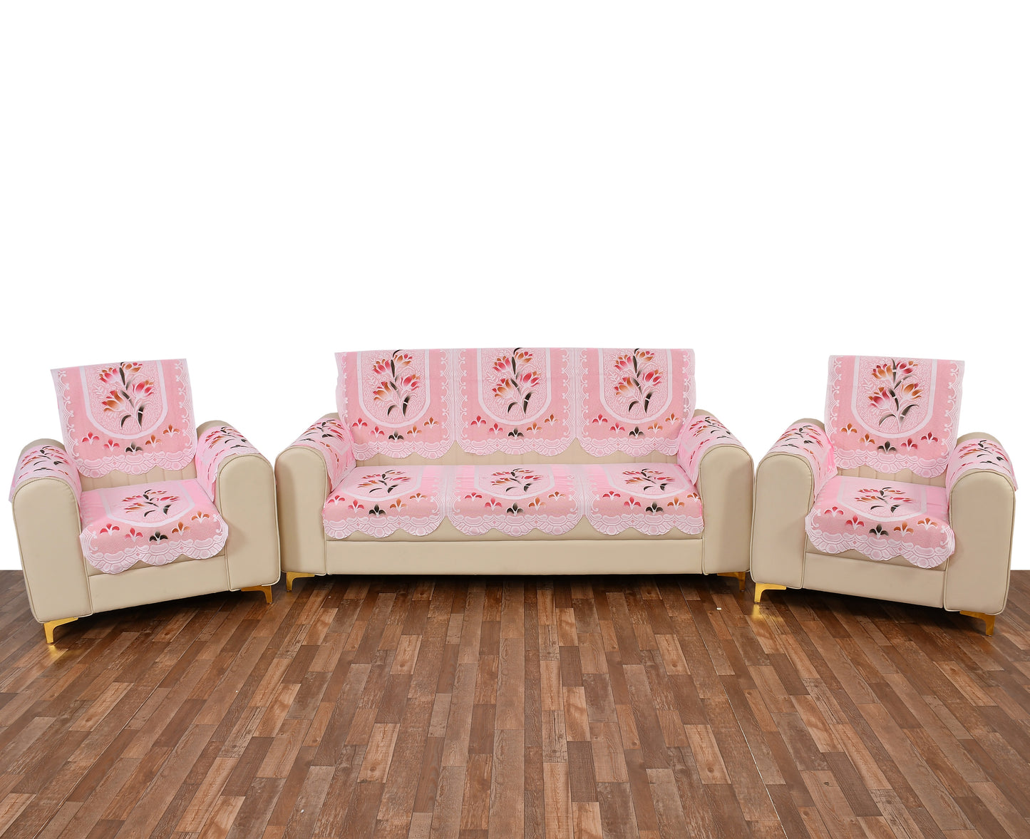 Bigger Fish Poly Cotton Net Fabric Floral 5 Seater Sofa Cover With Arms Cover 16 Pieces with 40x60 Center Table Cover Combo (Pink)