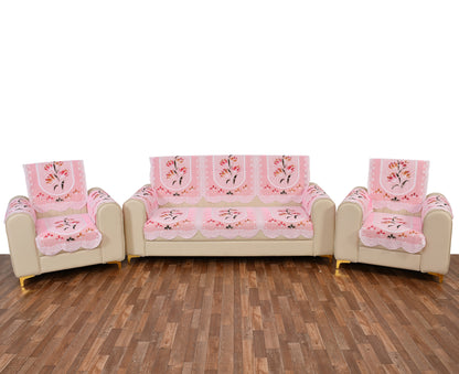 Bigger Fish Poly Cotton Net Fabric Floral 5 Seater Sofa Cover With Arms Cover 16 Pieces with 40x60 Center Table Cover Combo (Pink)
