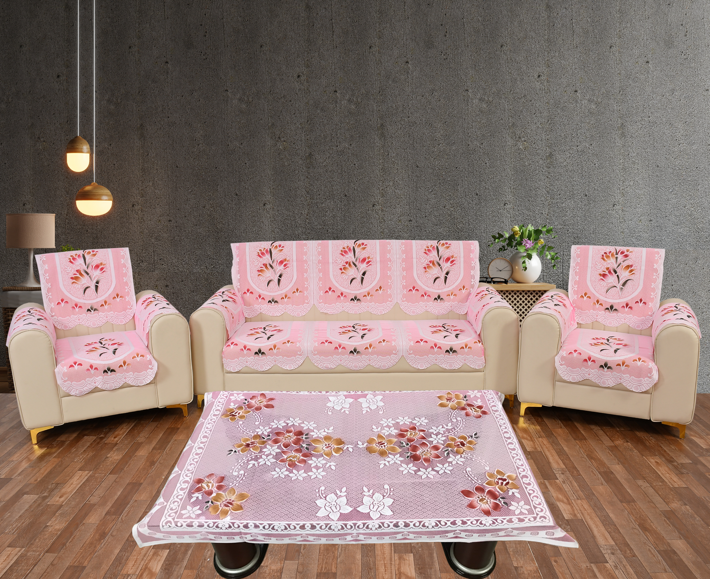 Bigger Fish Poly Cotton Net Fabric Floral 5 Seater Sofa Cover With Arms Cover 16 Pieces with 40x60 Center Table Cover Combo (Pink)