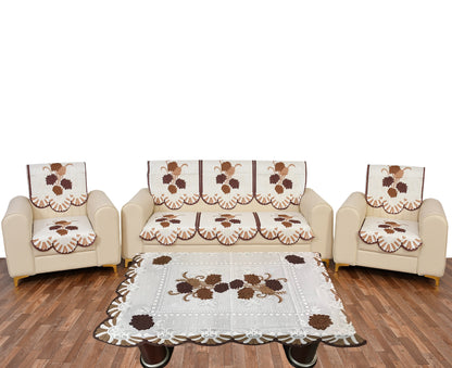 Bigger Fish Cotton Net Fabric Floral 5 Seater Sofa Cover 10 Pieces with 40x60 Center Table Cover (Brown)